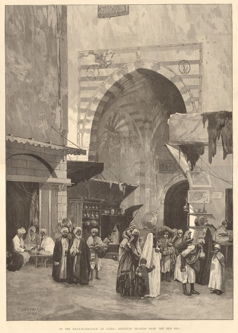 In the Khan el-Khalili souk, Cairo: Egyptian traders from the Red Sea 1882: In the Khan-el-Khalily at Cairo: Egyptian traders from the Red Sea' by Illustrated London News. Published 21 October 1882. Antique wood-engraved print. Illustrated London News double page from 21 Octo