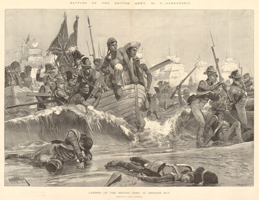 Battle of Alexandria 1801. Landing in Aboukir Bay 1894 old antique print: Landing of the British Army in Aboukir Bay' (Battles of the British Army, No. V - Alexandria) by Illustrated London News. Published 20 January 1894. Antique wood-engraved print. Illustrated London New