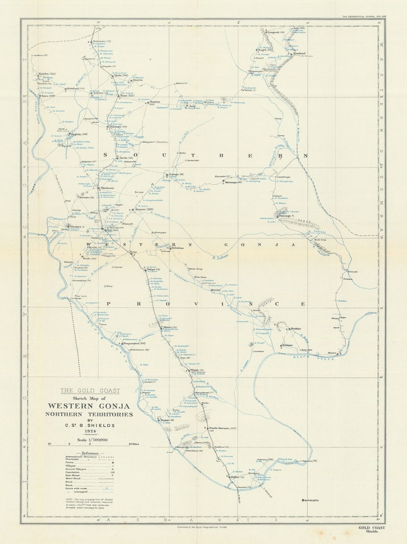 The Gold Coast. Western Gonja. Northern Territories. Ghana. RGS/Shields 1926 map: The Gold Coast. Sketch Map of Western Gonja. Northern Territories by C. St. B. Shields 1924'. Royal Geographical Society / C. St. B. Shields. Published May 1926. Antique Royal Geographical Society
