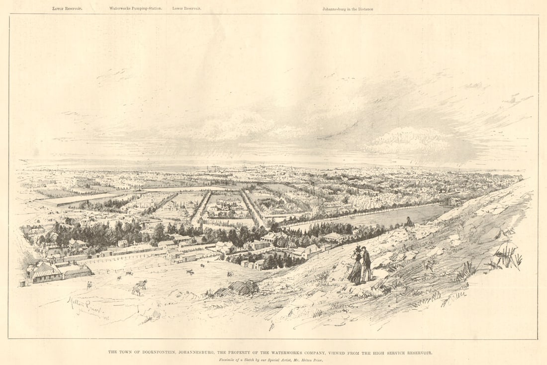 Doornfontein, Johannesburg, owned by the Waterworks Company. South Africa 1896: The town of Doornfontein, Johannesburg, the property of the Waterworks Company, viewed from the high service reservoir. Facsimile of a sketch by our special artist, Mr. Melton Prior' by Illustrated Lo