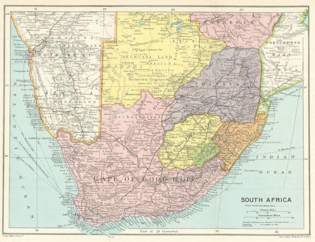 Southern Africa. Rhodesia Bechuanaland South West Africa Namibia Zambia 1919 map: South Africa'. George Philip & Son. Ltd. The London Geographical Institute. Published 1919. Antique colour map. Size 24 x 32 cm | 9.5 x 12.5 inches. Condition: Good; suitable for framing. Please