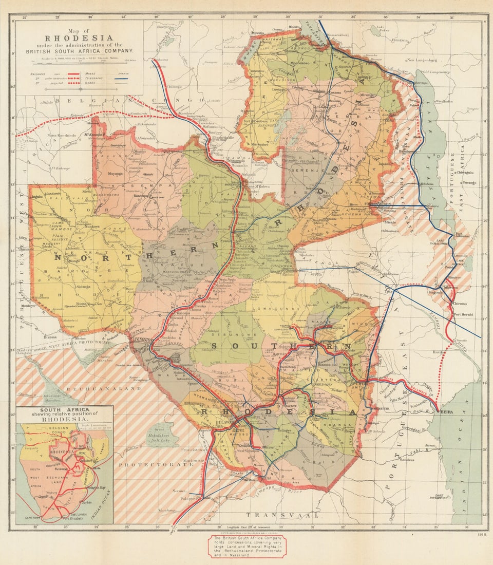Rhodesia. British South Africa Co. Zimbabwe Zambia. Game Reserves Mines 1919 map: Map of Rhodesia under the administration of the British South Africa Company'. Waterlow & Sons Ltd., London Wall, London. Published Dated 1918. Published 1919. Antique colour map. Size 47 x 42 cm | 18