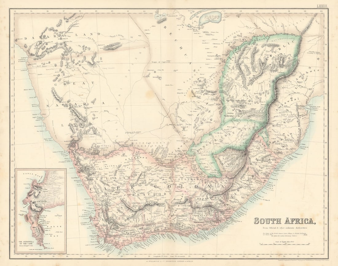 South Africa. Cape Colony. Transvaal Rep. Great Damaqua Land FULLARTON c1863 map: South Africa'. From an undated atlas for which the internal evidence of publication date is inconsistent: the maps appear to have been engraved at different times between 1860 & 1866 by Stanford,