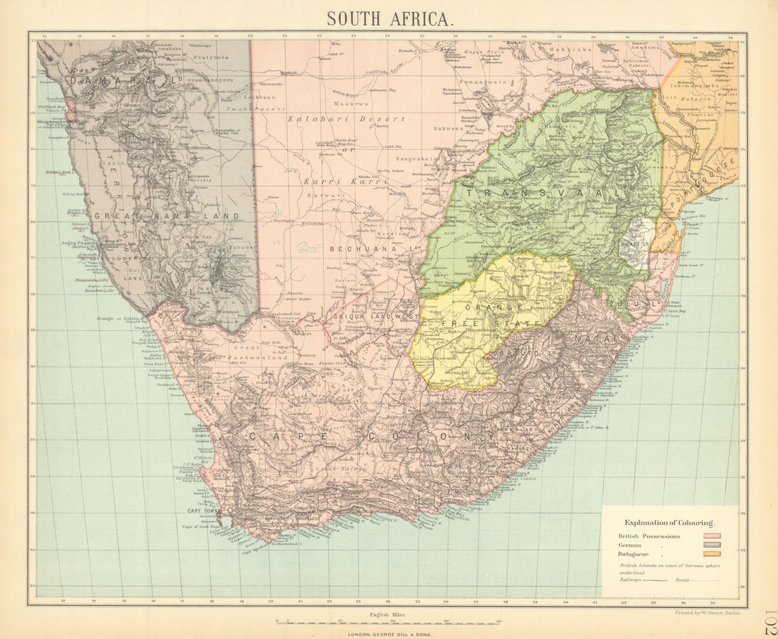 SOUTH AFRICA. Cape Colony Orange Free State Transvaal Nama Land. LETTS 1892 map: South Africa'. Published by George Gill & Sons. Most of the plates used for this atlas were original engraved for the SDUK atlas in the mid nineteenth century. The plates were later sold to Thomas Let