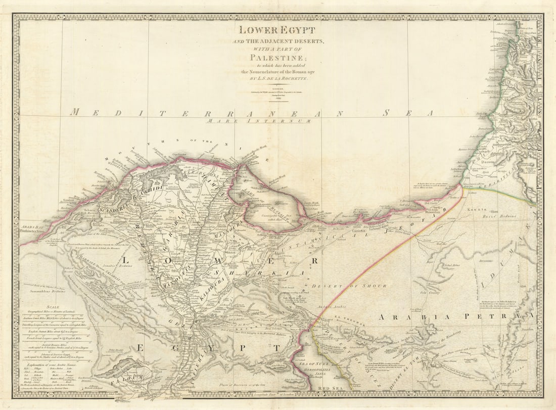 Lower Egypt & the adjacent deserts with a part of Palestine… James Wyld 1843 map: Lower Egypt and the adjacent deserts, with a part of Palestine; to which has been added the nomenclature of the Roman age. By L. S. de la Rochette.'. Published by James Wyld. Drawn by Louis Stanislas