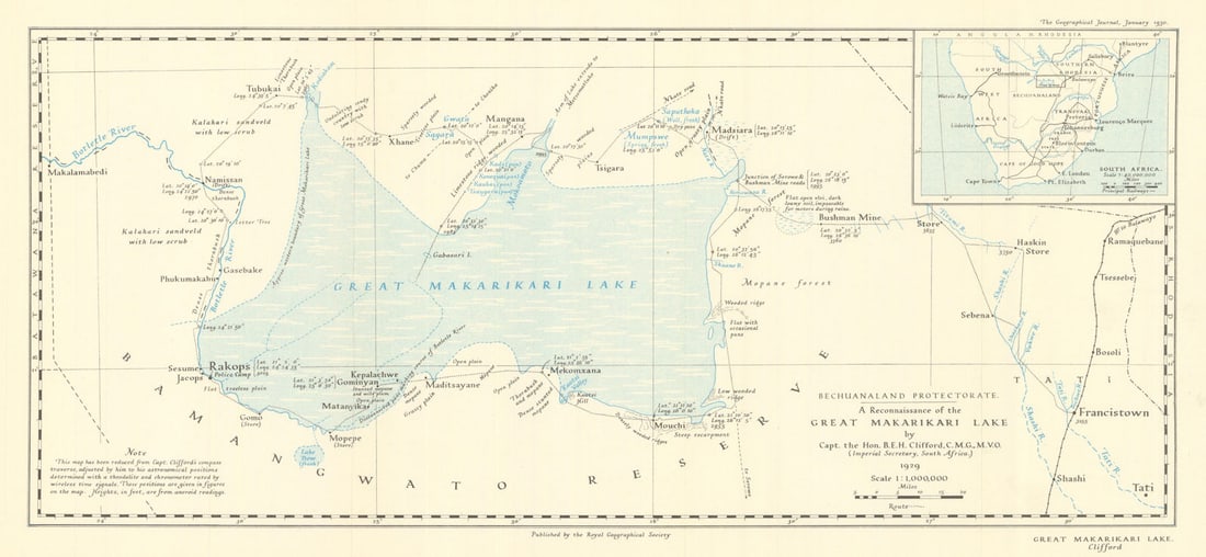 Botswana. Makgadikgadi Pan. Makarikari Lake. Berkeley Clifford / RGS 1930 map: Bechuanaland Protectorate. A Reconnaissance of the Great Makarikari Lake by Capt. the Hon. B. E. H. Clifford C.M.G., M.V.O. (Imperial Secretary, South Africa), 1929'. Royal Geographical Society / Berk