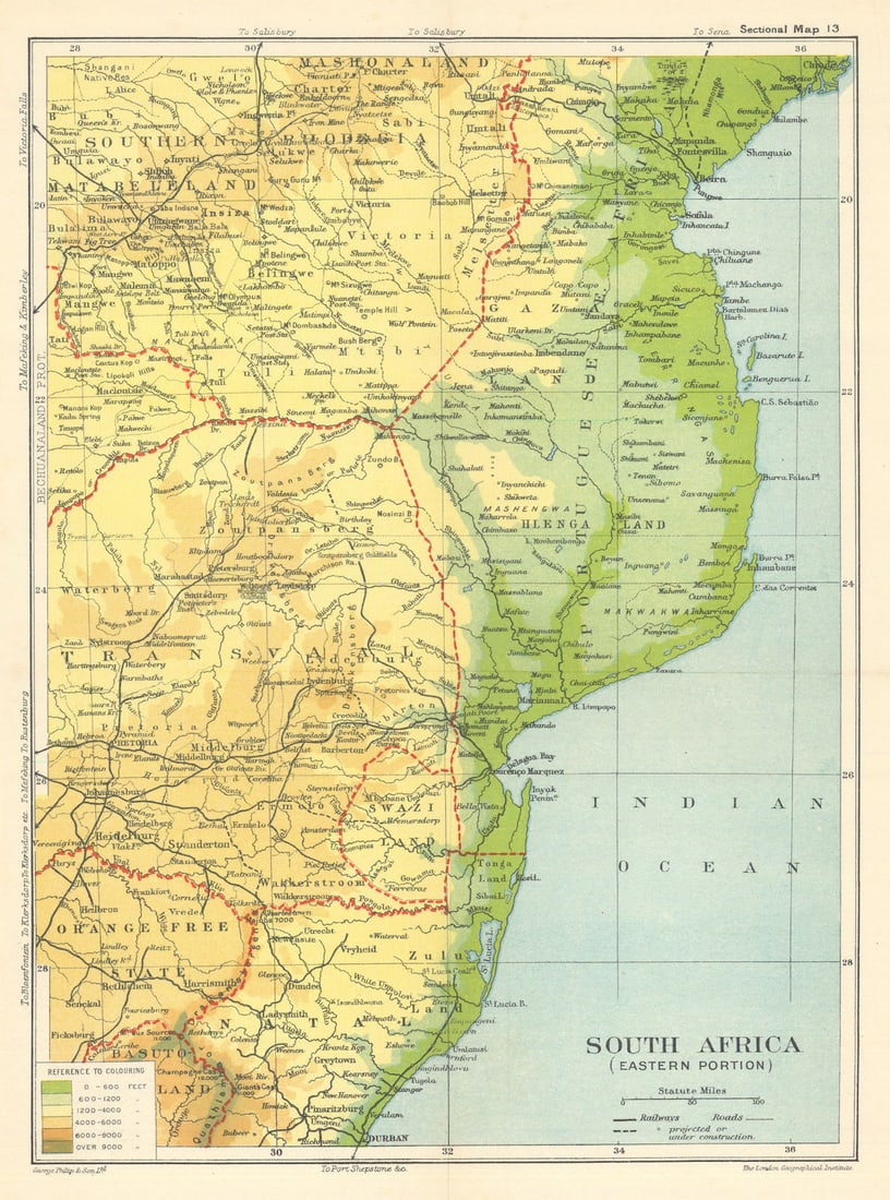 South-east Africa. Mozambique Transvaal Rhodesia Zimbabwe. SAMLER BROWN 1914 map: Sectional Map 13 – South Africa (eastern section)' by Brown, Alfred Samler. Published 1914. Antique colour map. Size 28 x 20 cm | 11.0 x 8.0 inches. Condition: Good; suitable for framing. The im