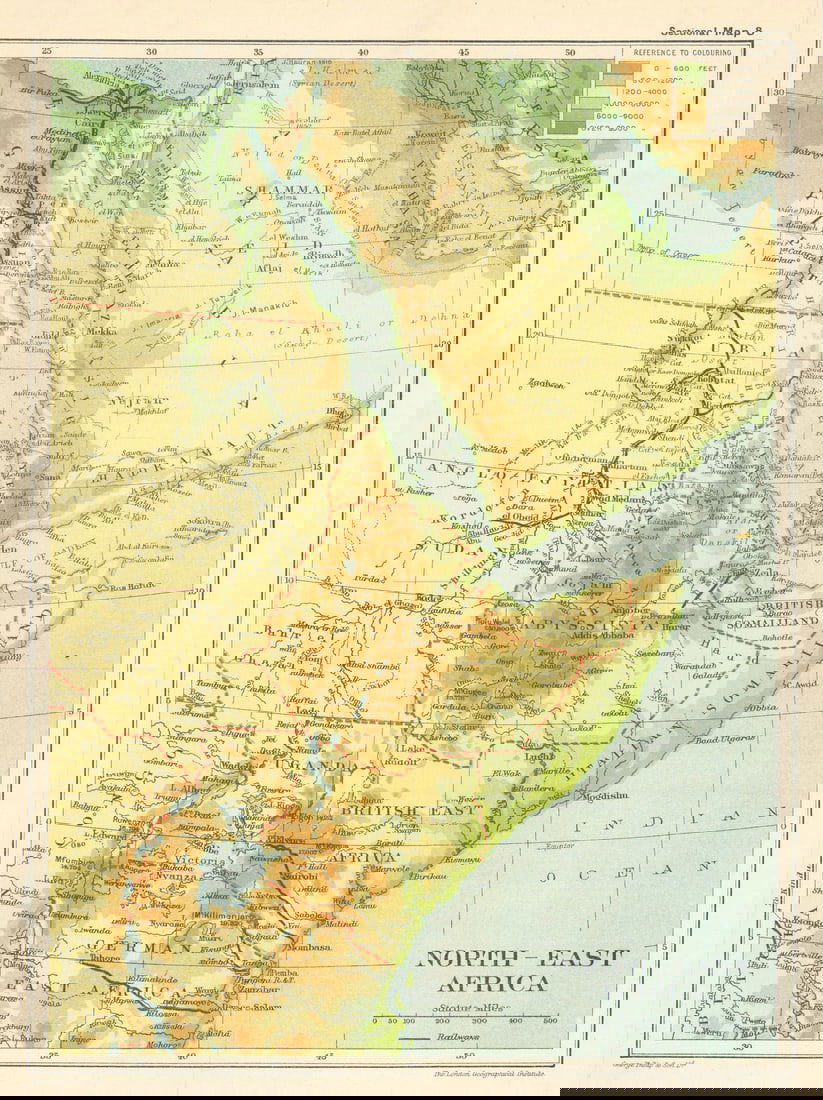North East Africa. Somaliland British/German East Africa. SAMLER BROWN 1914 map: Sectional Map 8 – North East Africa' by Brown, Alfred Samler. Published 1914. Antique colour map. Size 25 x 19 cm | 10.0 x 7.5 inches. Condition: Good; suitable for framing. The image shown may
