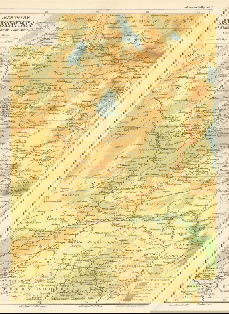 Northern Rhodesia & Adjoining Territory. Zambia. SAMLER BROWN 1914 old map: Sectional Map 12 – Northern Rhodesia and Adjoining Territory' by Brown, Alfred Samler. Published 1914. Antique colour map. Size 27 x 20 cm | 10.5 x 8.0 inches. Condition: Good; suitable for fram