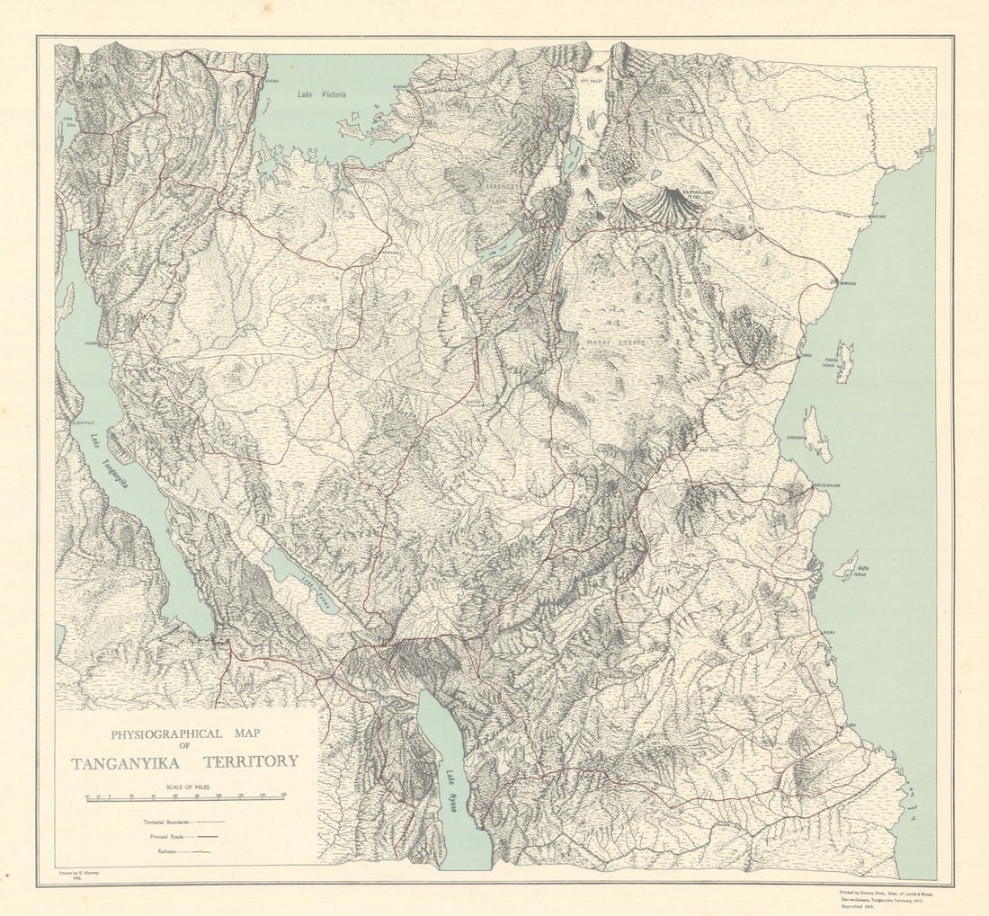 Tanganyika Territory Physiographical Map. Tanzania. Dept of Lands & Mines 1948: Physiographical Map of Tanganyika Territory'. Compiled and printed by the Survey Division, Department of Lands & Mines, Dar es Salaam. Published 1948. Mid 20th century colour survey map sheet. Size 45