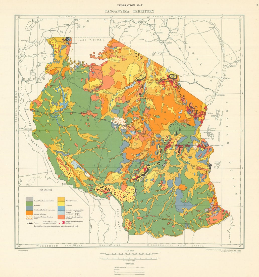 Tanganyika Territory Vegetation Map. Tanzania. Department of Lands & Mines 1948: Tanganyika Territory - Vegetation Map'. Compiled and printed by the Survey Division, Department of Lands & Mines, Dar es Salaam. Published 1948. Mid 20th century colour survey map sheet. Size 45 x 45