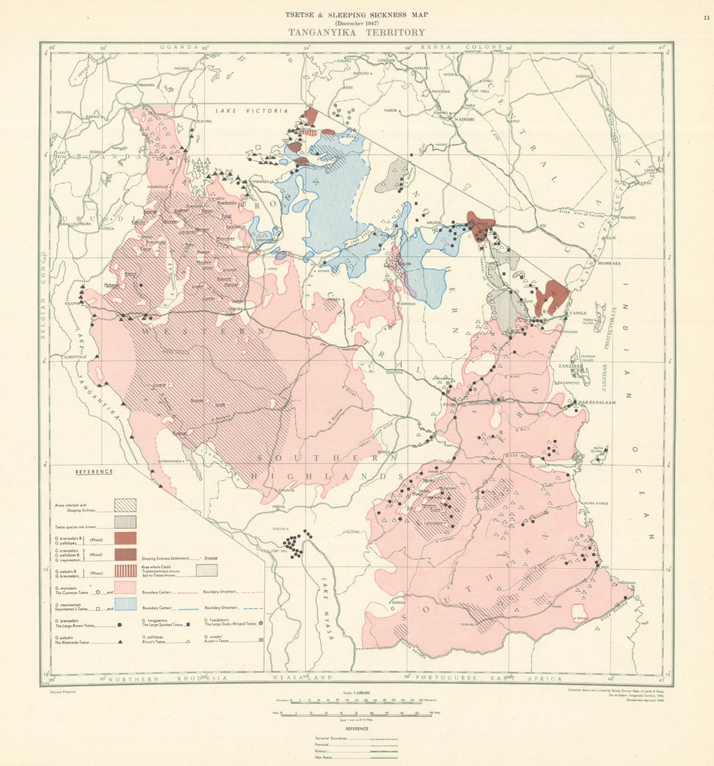 Tanganyika Territory Tsetse & Sleeping Sickness Map. Tanzania 1948 old: Tanganyika Territory - Tsetse & Sleeping Sickness Map (December 1947)'. Compiled and printed by the Survey Division, Department of Lands & Mines, Dar es Salaam. Published 1948. Mid 20th century co