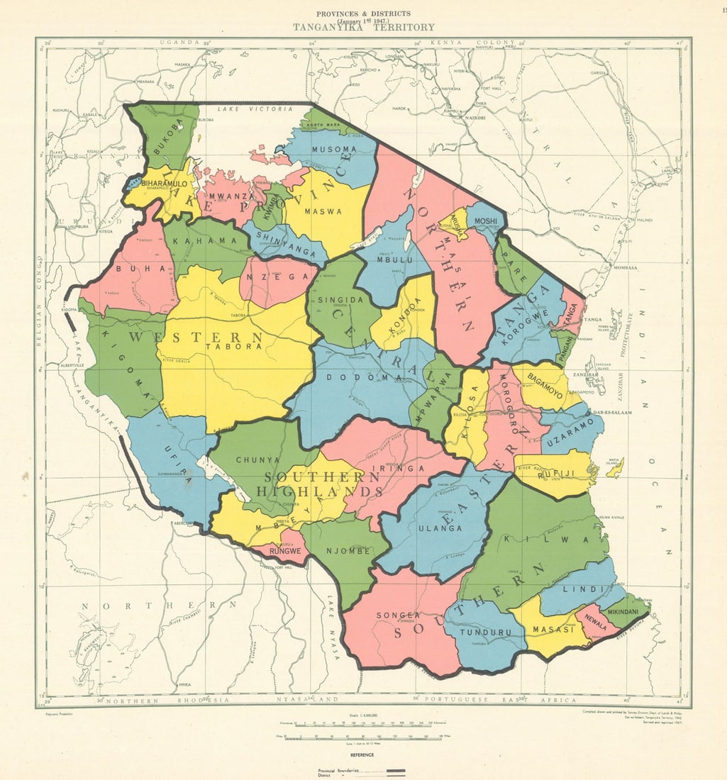 Tanganyika Territory Provinces & Districts. Tanzania Lands & Mines Dept 1948 map: Tanganyika Territory - Provinces and Districts (January 1st 1947)'. Compiled and printed by the Survey Division, Department of Lands & Mines, Dar es Salaam. Published 1948. Mid 20th century colour sur