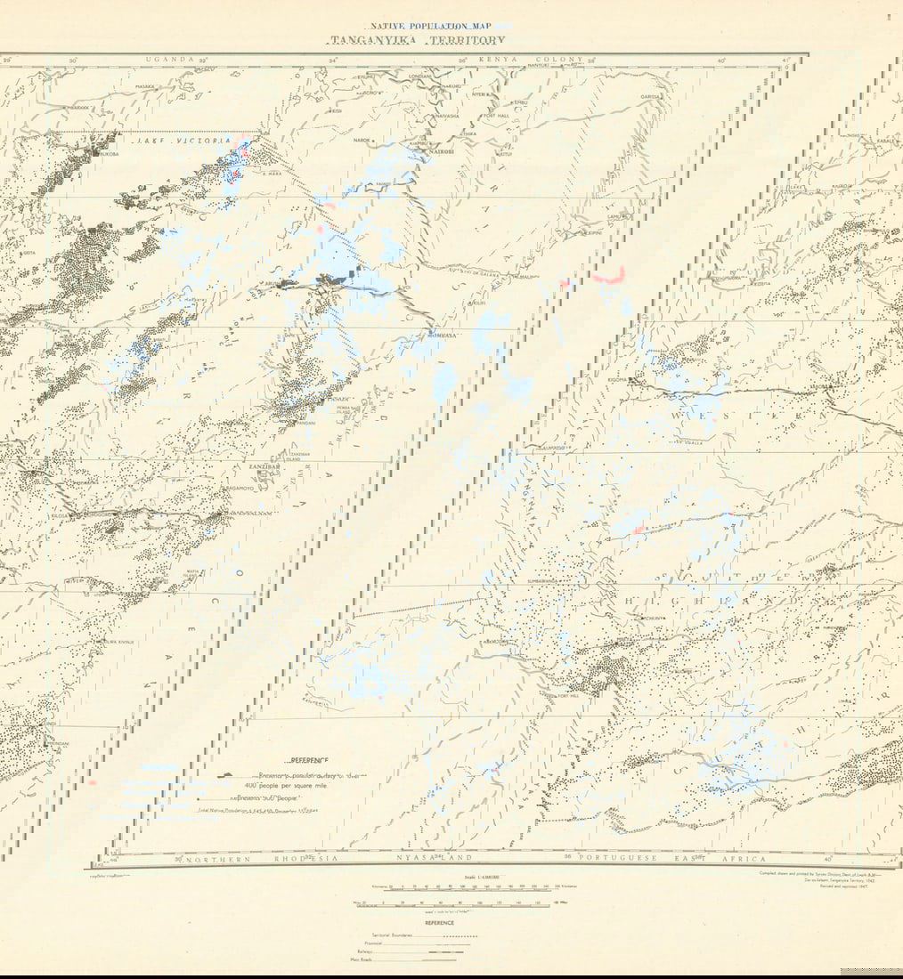 Tanganyika Territory Native Population Map. Tanzania. Dept of Lands & Mines 1948 (1 of 1)