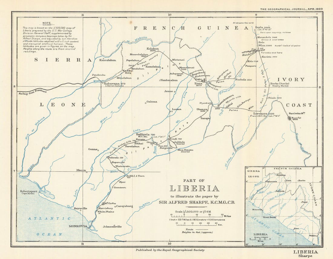 Part of Liberia to illustrate the paper by Sir Alfred Sharpe. RGS 1920 old map: Part of Liberia to illustrate the paper by Sir Alfred Sharpe, K.C.M.G., C.B.'. Royal Geographical Society / Sir Alfred Sharpe. Published May 1920. Antique Royal Geographical Society map with related t