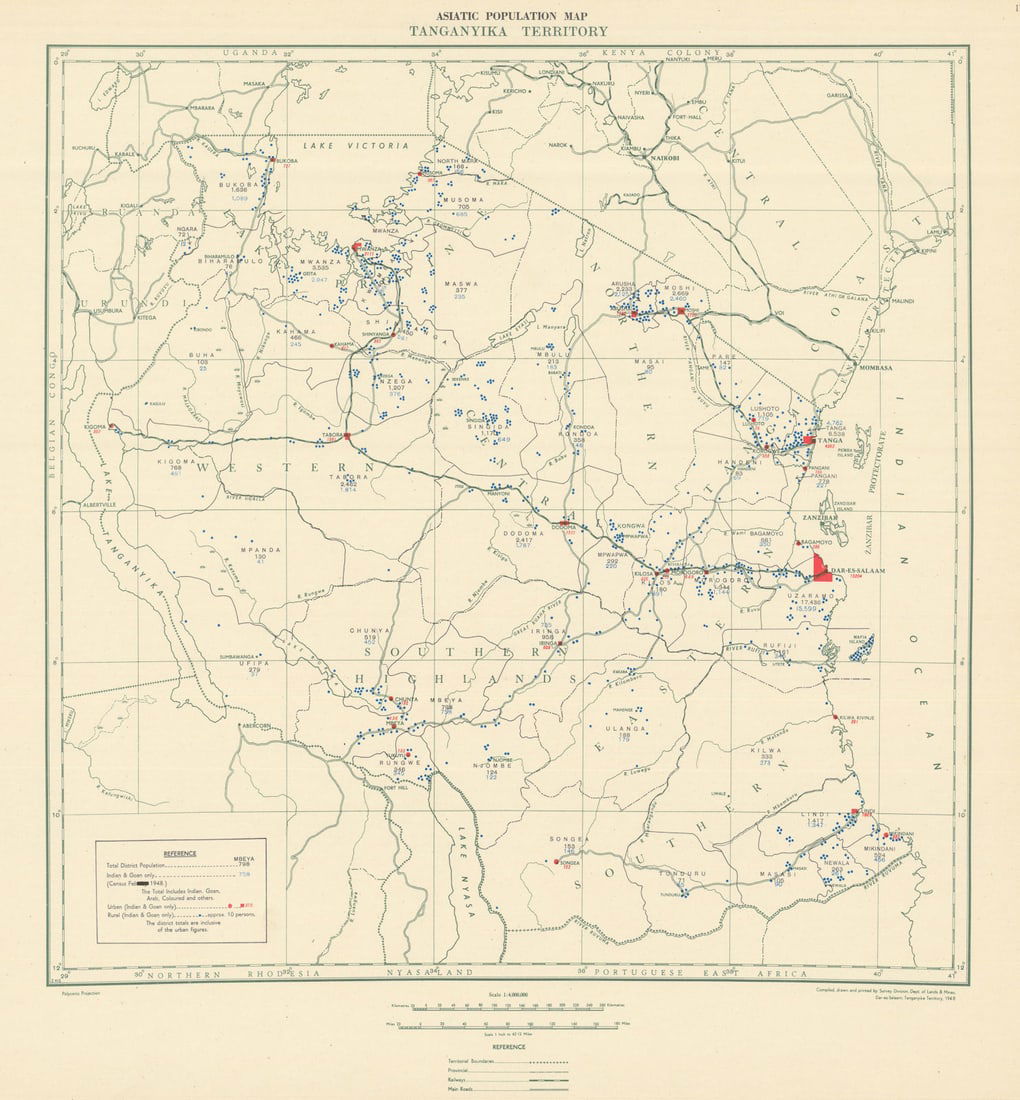 Tanganyika Territory Asiatic Population Map. Tanzania. Lands & Mines Dept 1948: Tanganyika Territory - Asiatic Population Map'. Compiled and printed by the Survey Division, Department of Lands & Mines, Dar es Salaam. Published 1948. Mid 20th century colour survey map sheet. Size