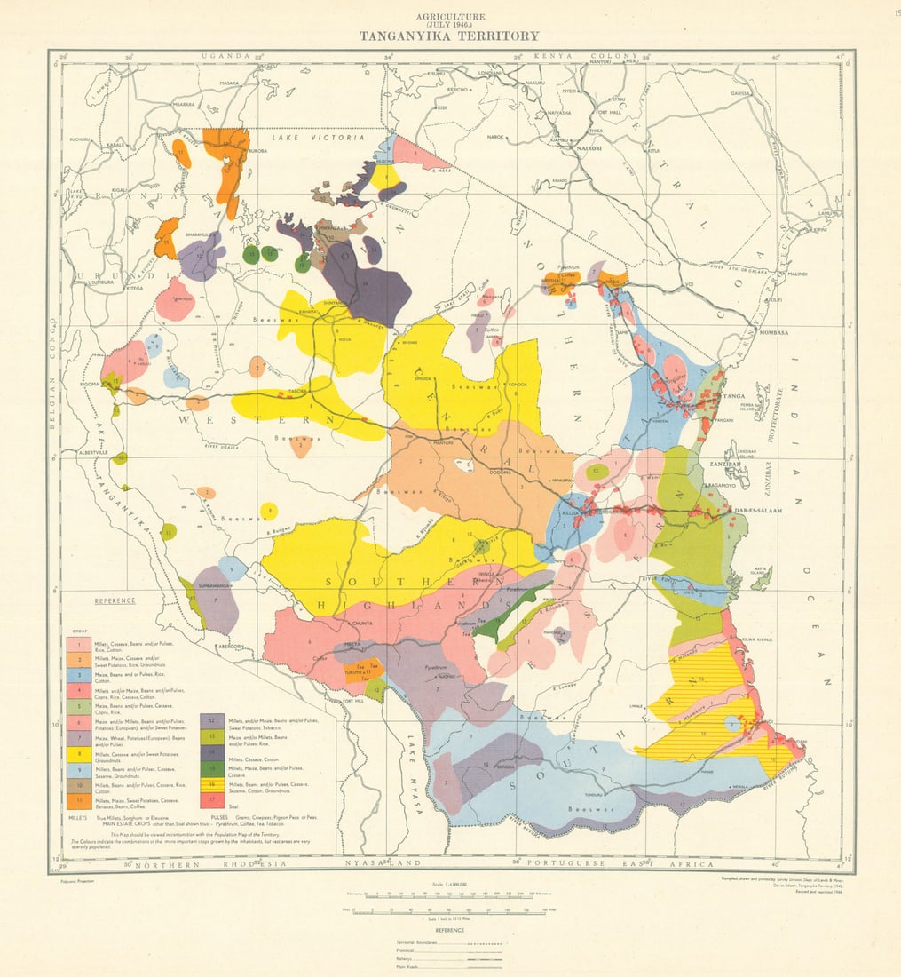 Tanganyika Territory Agriculture. Tanzania. Department of Lands & Mines 1948 map: Tanganyika Territory - Agriculture (July 1946)'. Compiled and printed by the Survey Division, Department of Lands & Mines, Dar es Salaam. Published 1948. Mid 20th century colour survey map sheet. Size
