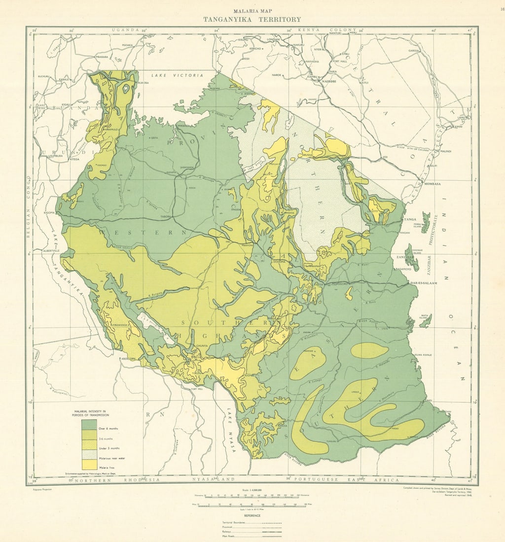 Tanganyika Territory Malaria Map. Tanzania. Department of Lands & Mines 1948: Tanganyika Territory - Malaria Map'. Compiled and printed by the Survey Division, Department of Lands & Mines, Dar es Salaam. Published 1948. Mid 20th century colour survey map sheet. Size 45 x 45 cm