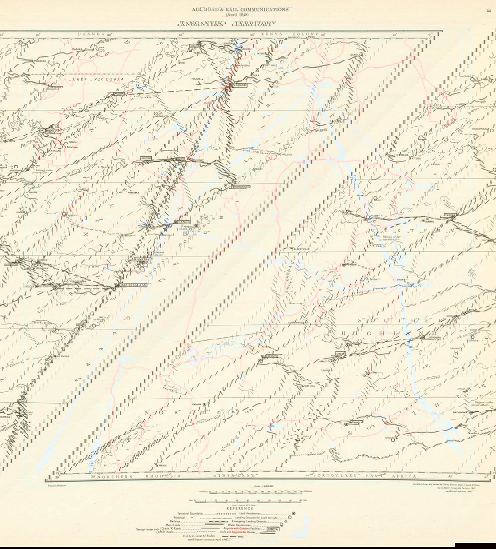 Tanganyika Territory Air, Road & Rail Communications. Tanzania 1948 old map (1 of 1)