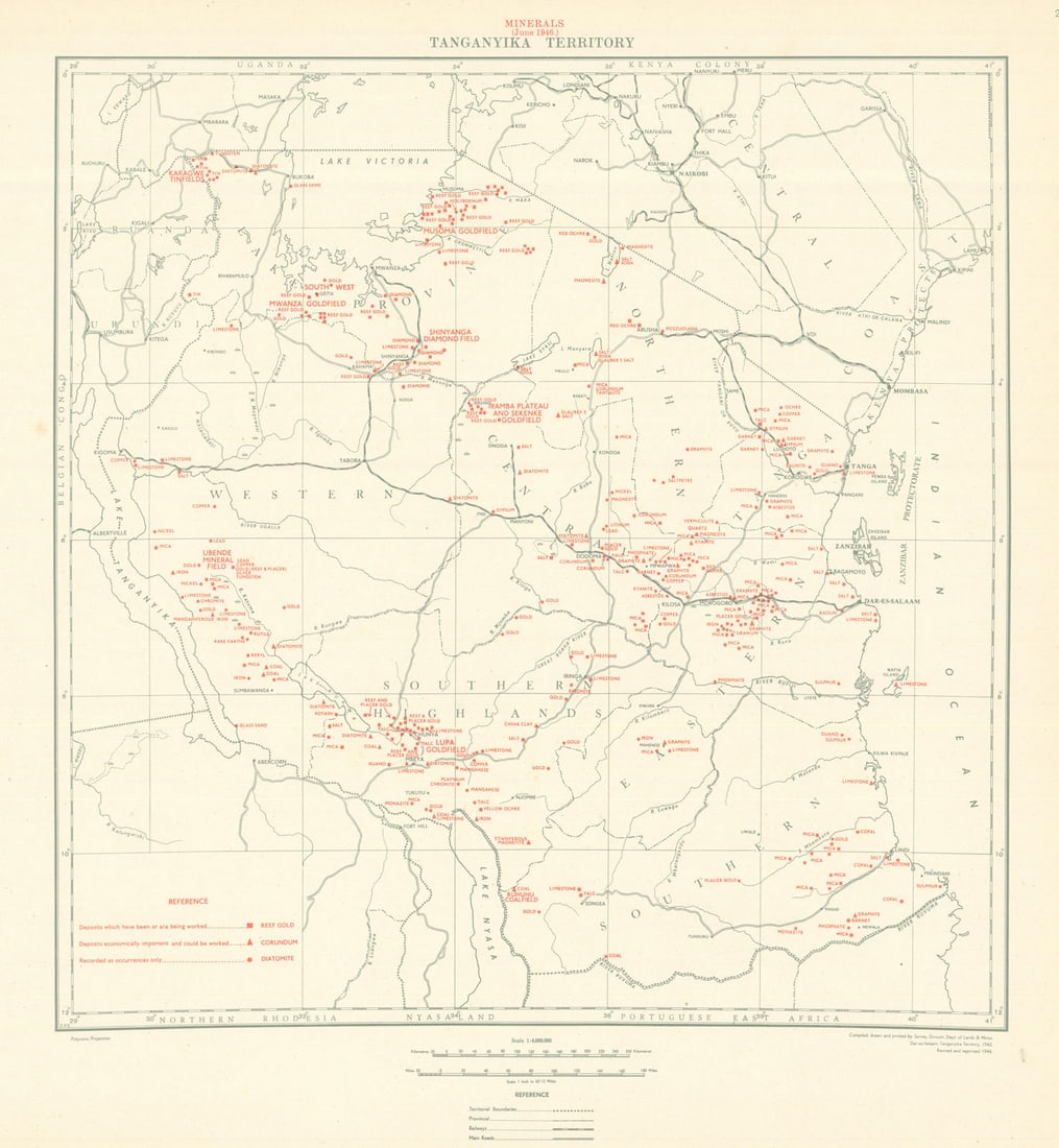 Tanganyika Territory Minerals. Tanzania. Gold & Diamonds. Lands & Mines 1948 map: Tanganyika Territory - Minerals (June 1946)'. Compiled and printed by the Survey Division, Department of Lands & Mines, Dar es Salaam. Published 1948. Mid 20th century colour survey map sheet. Size 45