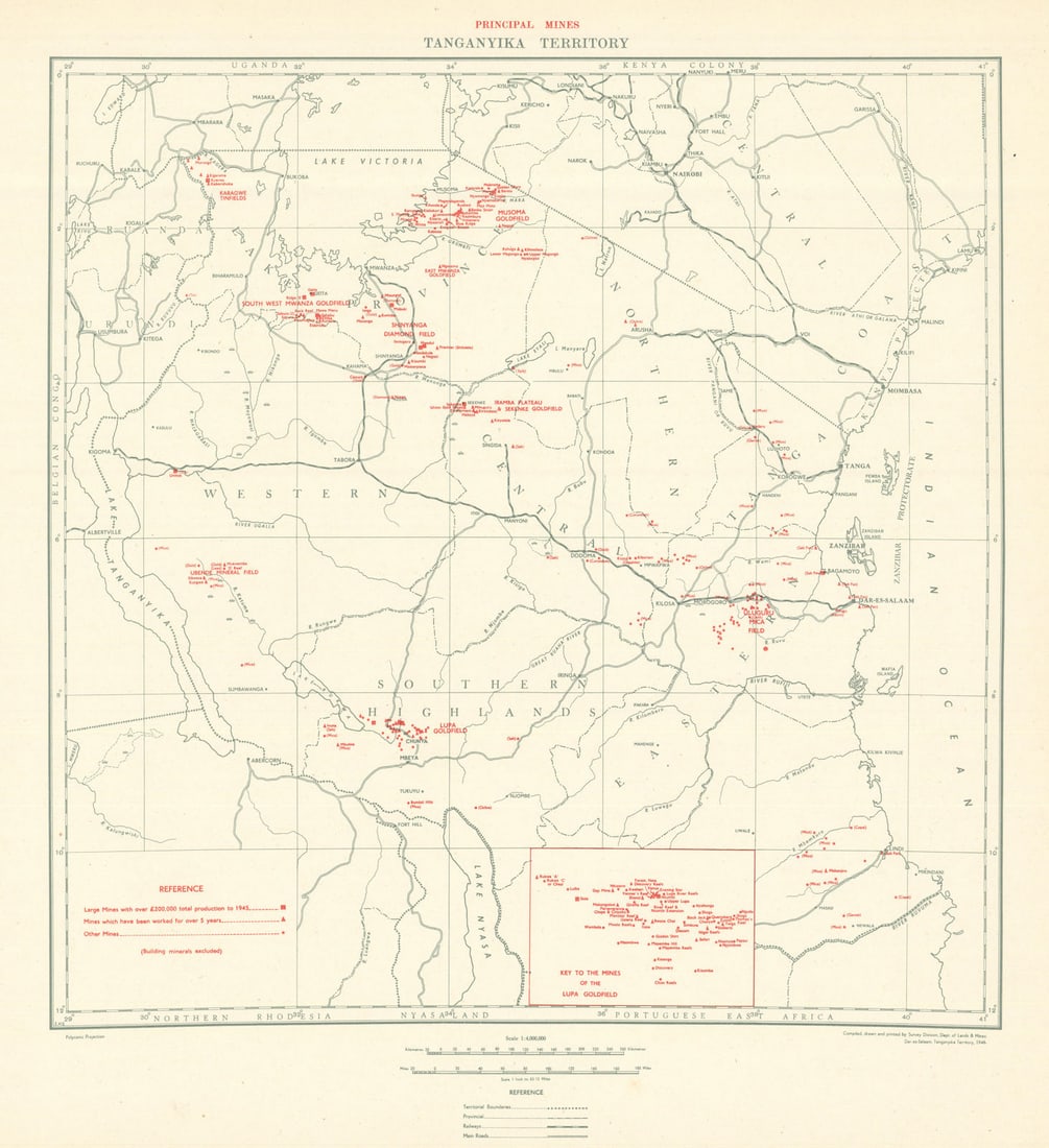 Tanganyika Territory Principle Mines. Tanzania. Gold & Diamonds 1948 map: Tanganyika Territory - Principle Mines'. Compiled and printed by the Survey Division, Department of Lands & Mines, Dar es Salaam. Published 1948. Mid 20th century colour survey map sheet. Size 45 x 45