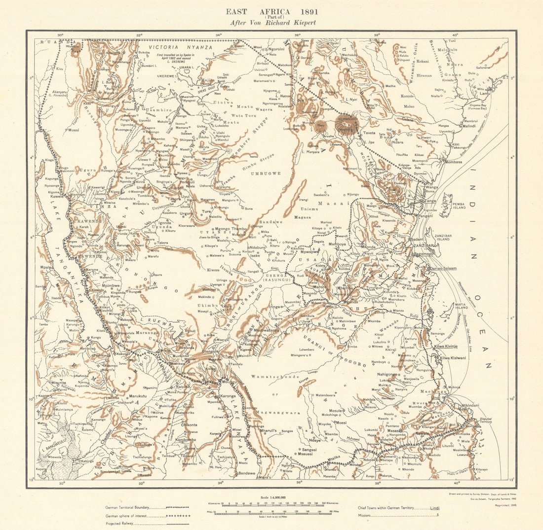 East Africa 1891 after Richard Kiepert. Tanzania. Lands & Mines Dept 1948 map: East Africa 1891 (part of) after Von Richard Kiepert'. Compiled and printed by the Survey Division, Department of Lands & Mines, Dar es Salaam. Published 1948. Mid 20th century colour survey map sheet