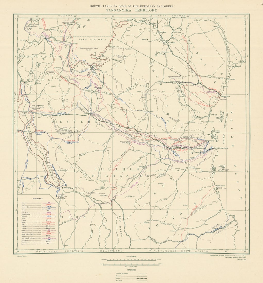 Tanganyika Territory Routes taken by the European Explorers. Tanzania 1948 map (1 of 1)
