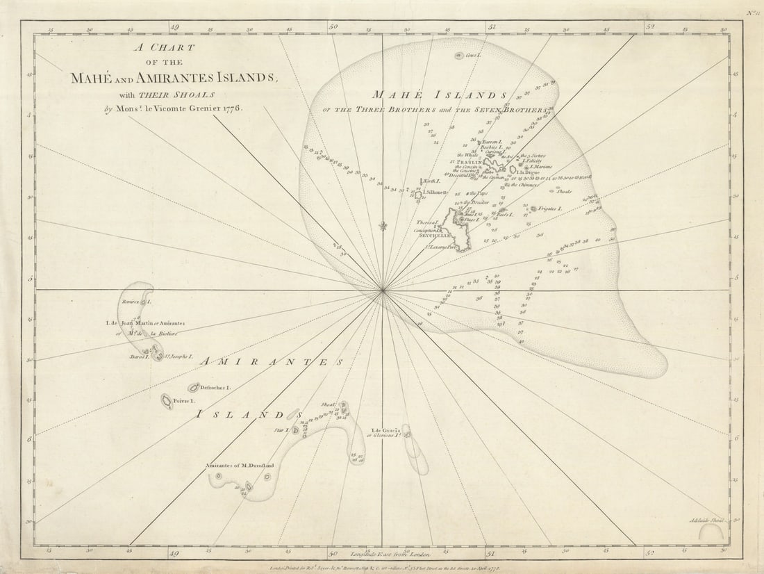 Chart of the Mahé & Amirantes Islands… Seychelles. Sayer/Bennett 1778 old map: Chart of the Mahé and Amirantes Islands with their Shoals'. A scarce first-issue Sayer & Bennett edition of the earliest broadly accurate printed chart of the Seychelles, engraved in London f