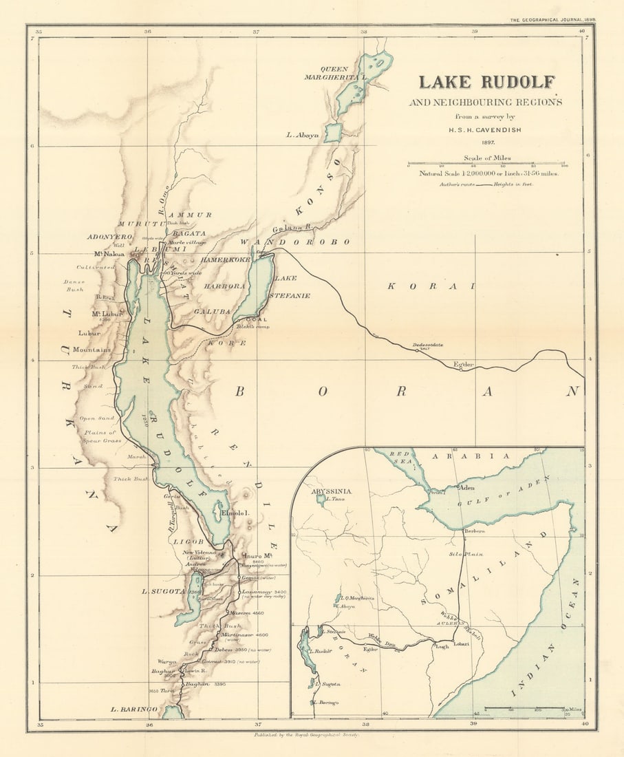 Kenya–Ethiopia. Lake Rudolf & neighbouring regions. HSH Cavendish / RGS 1898 map: Lake Rudolf and Neighbouring Regions (from a survey by H. S. H. Cavendish, 1897)'. Royal Geographical Society / Henry Scott Holland Cavendish. Published April 1898. Antique Royal Geographical Society