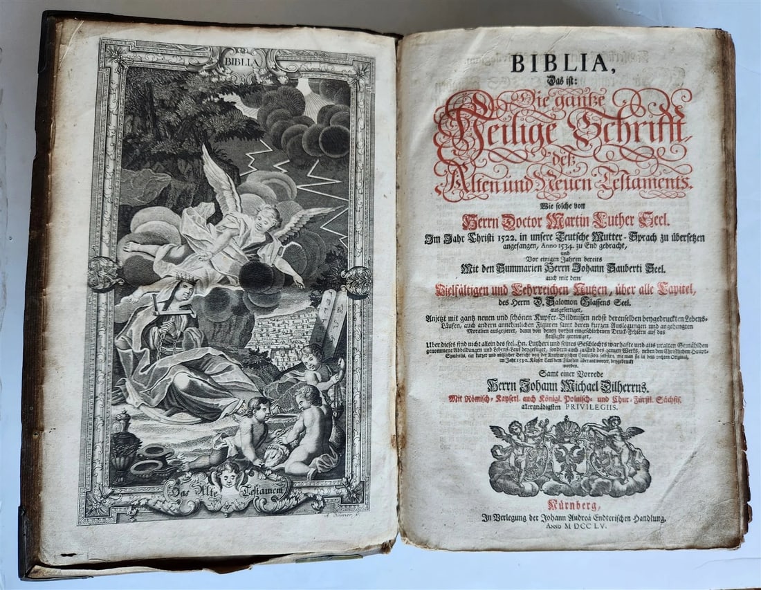 1755 BIBLE in GERMAN ANTIQUE illustrated PIGSKIN MASSIVE FOLIO w/ BRASS CORNERS - 2