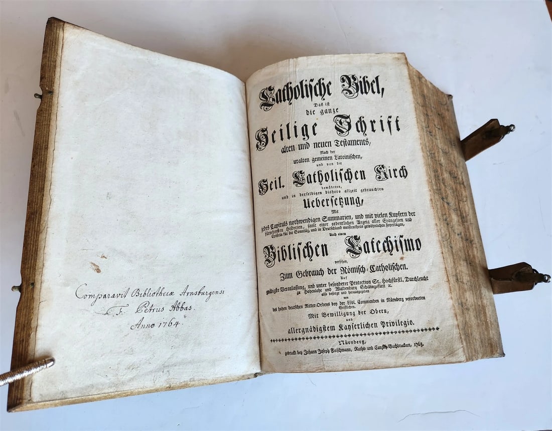 1763 BIBLE in GERMAN antique PIGSKIN BOUND FOLIO ILLUSTRATED w/ 212 ENGRAVINGS - 8