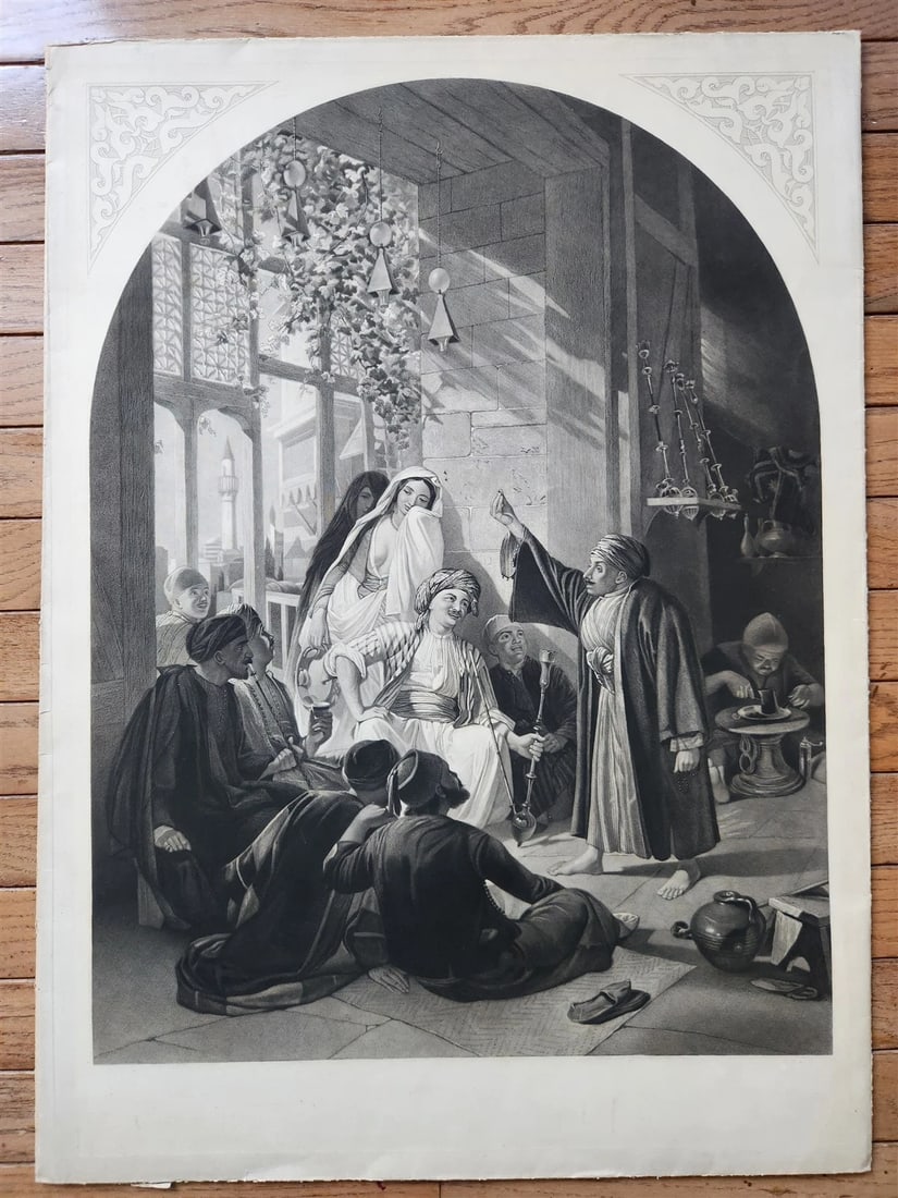 c.1867 ARABIAN NIGHTS LARGE ENGRAVING antique DAMASCUS STORY TELLER 27 x 40": Title: c.1867 ARABIAN NIGHTS LARGE ENGRAVING antique DAMASCUS STORY TELLER 27 x 40" Description: THE HUNCHBACK STORY TELLER of DAMASCUS RECITING on a COFFEE-HOUSE a TALE from the ARABIAN NIGHTS by Ken