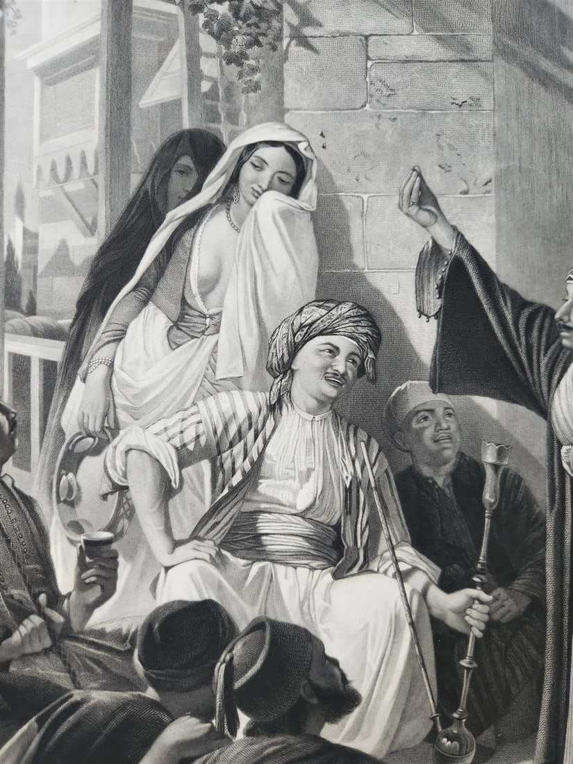 c.1867 ARABIAN NIGHTS LARGE ENGRAVING antique DAMASCUS STORY TELLER 27 x 40" - 3