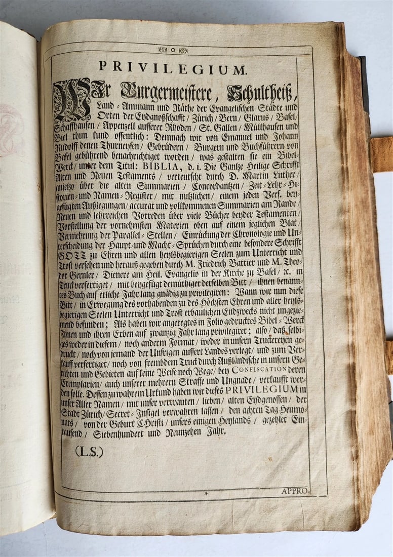 1736 SWISS LUTHER BIBLE antique PIGSKIN BOUND FOLIO w/ BRASS FITTINGS & CLASPS - 9