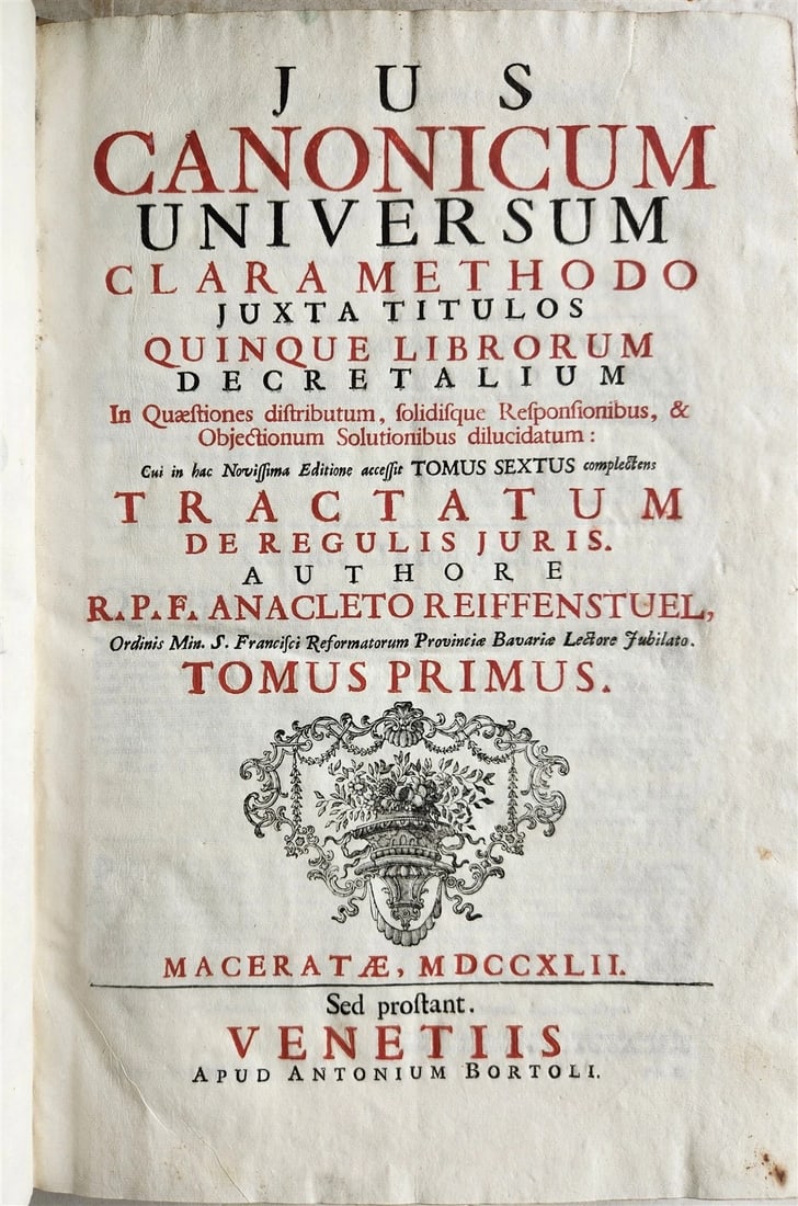 1742 CANON LAW by Anacleto Reiffenstuel 4 FOLIO VELLUM BOUND VOLUMES antique - 2