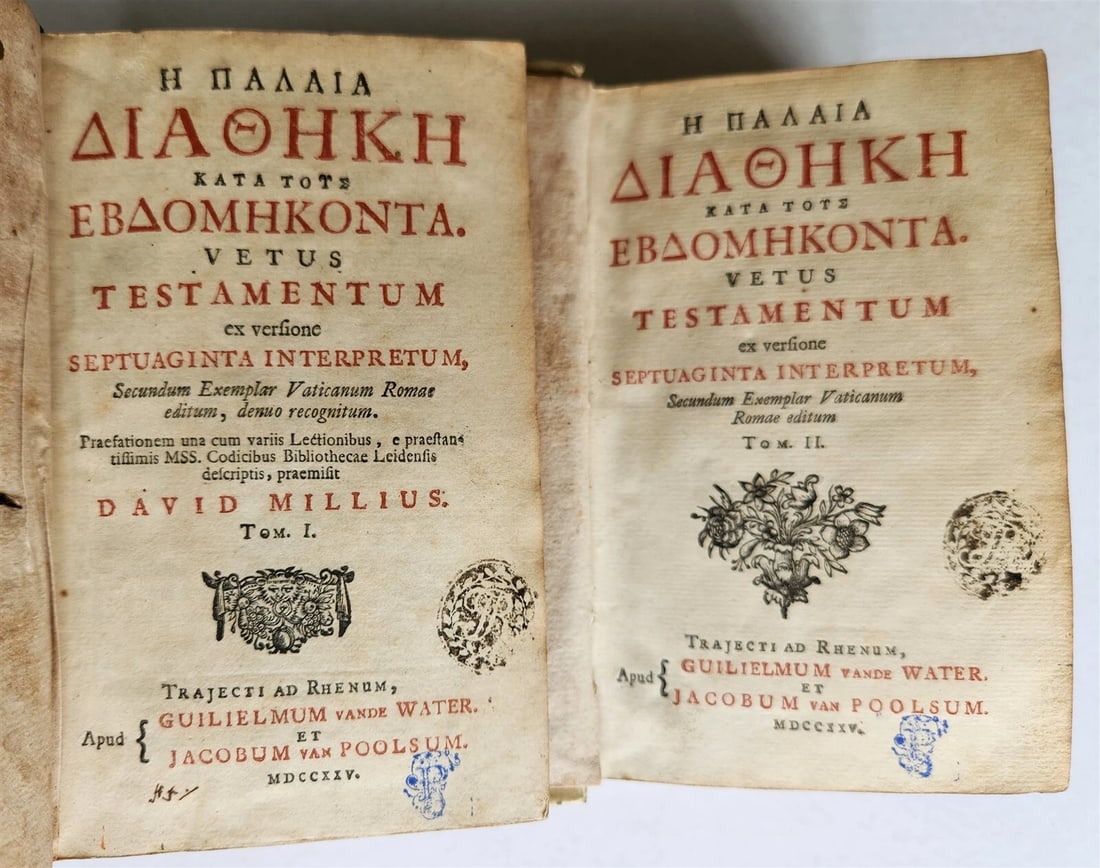 1725 BIBLE in GREEK 2 VOLUMES OLD TESTAMENT antique VELLUM BOUND (1 of 5)