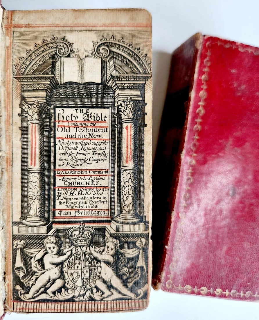 1684 BIBLE in ENGLISH ILLUSTRATED w/89 PLATES 2 VOLS OLD & NEW TESTAMENT antique - 4