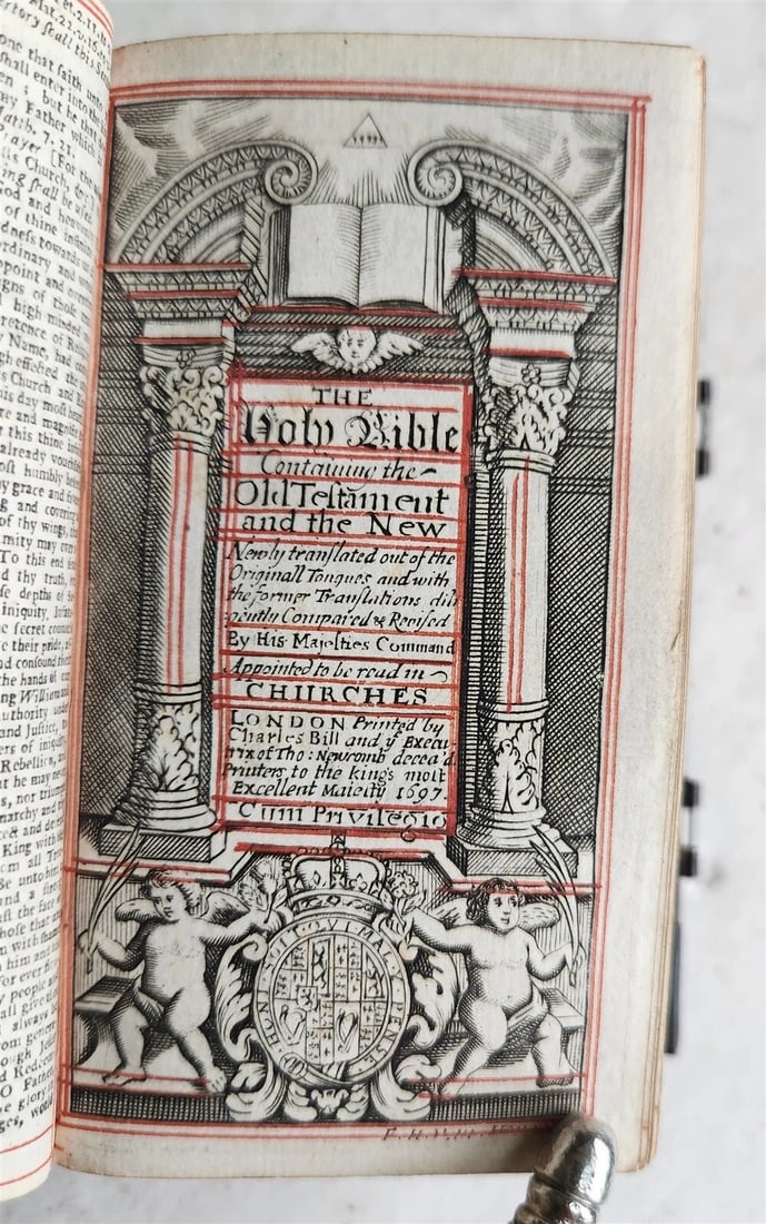 1697 BIBLE in ENGLISH OLD & NEW TESTAMENT antique w/ SILVER DECORATIONS & CLASPS - 4