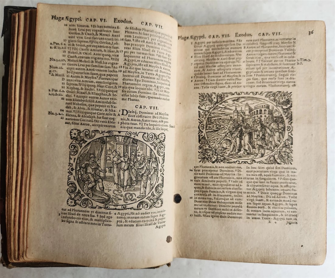 1571 BIBLE in LATIN ILLUSTRATED w/ 135 WOODCUTS antique PIGSKIN w/ METAL CORNERS - 7