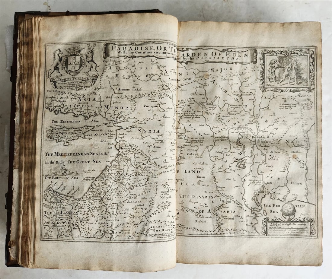 1715 BIBLE in ENGLISH antique ILLUSTRATED w/6 MAPS PIGSKIN FOLIO w/METAL CORNERS - 7