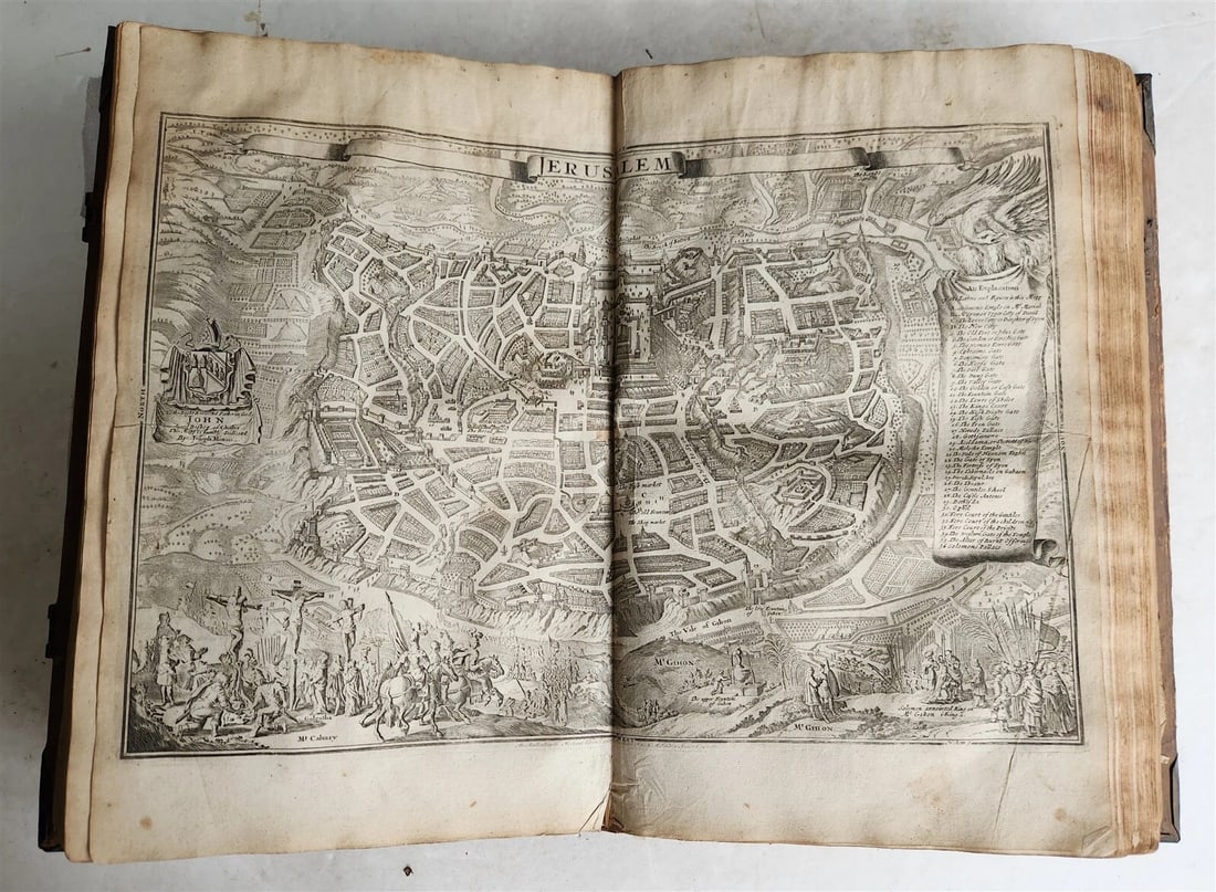 1715 BIBLE in ENGLISH antique ILLUSTRATED w/6 MAPS PIGSKIN FOLIO w/METAL CORNERS - 9