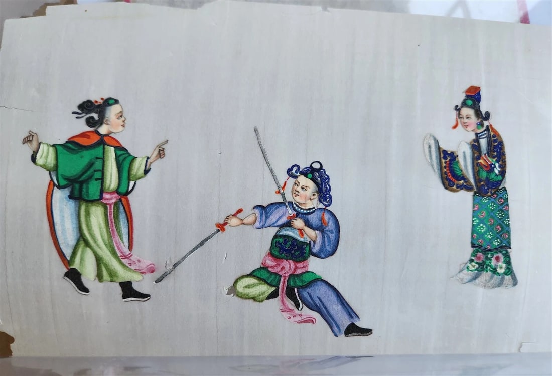 lot of 7 CHINESE WATERCOLOR PITH PAPER PAINTINGS antique 19th century - 2