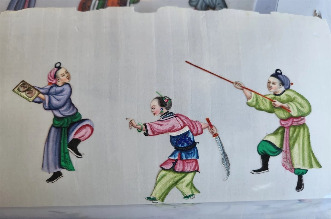 lot of 7 CHINESE WATERCOLOR PITH PAPER PAINTINGS antique 19th century - 3