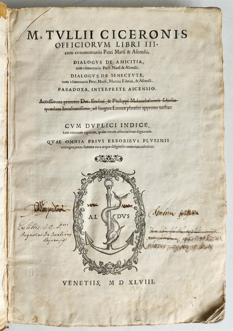 1548 ALDINE PRESS CICERO antique 16th CENTURY VELLUM BOUND FOLIO Aldus: Title: 1548 ALDINE PRESS CICERO antique 16th CENTURY VELLUM BOUND FOLIO Aldus Description: M. Tullii Ciceronis Officiorum Libri III cum commentariis Petri Marsi & Ascensii ; Dialogus de amicitia: cum