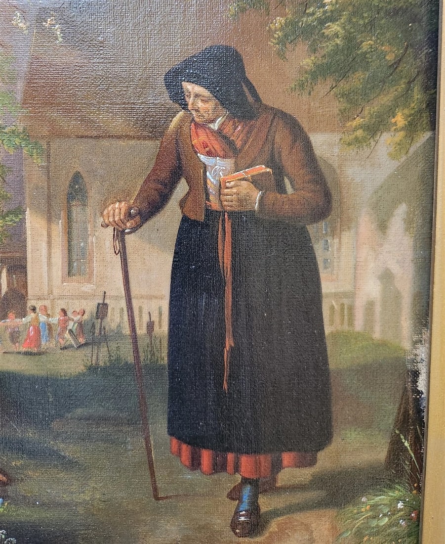 19TH century ANTIQUE PAINTING framed OLD LADY with KIDS - 3