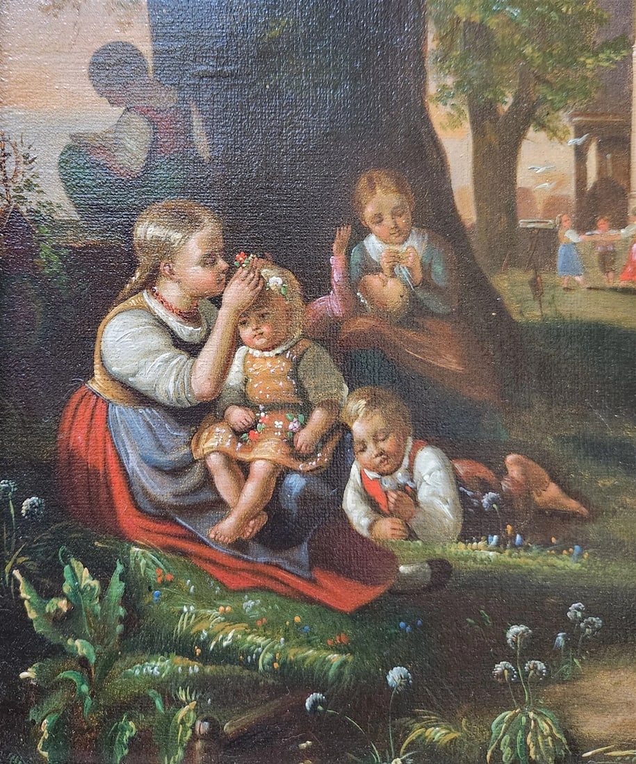 19TH century ANTIQUE PAINTING framed OLD LADY with KIDS - 4