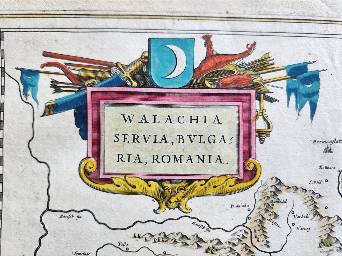 1640 SERBIA BULGARIA ROMANIA MAP by WILLEM BLAEU antique AUTHENTIC hand colored - 3