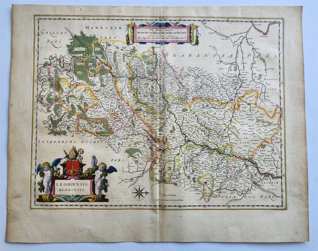 1640 LIEGE BELGIUM MAP by WILLEM BLAEU antique AUTHENTIC hand colored (1 of 4)