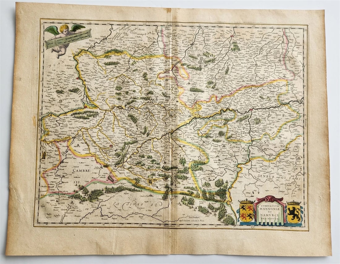 1640 MAP of Hainaut Namur BELGIUM by WILLEM BLAEU antique AUTHENTIC hand colored (1 of 4)