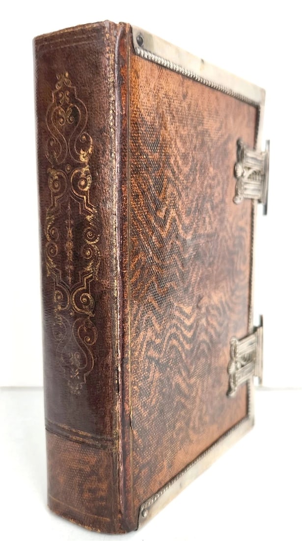 1843 DUTCH CHURCH BOOK antique w/ SILVER EDGES & CLASPS - 3